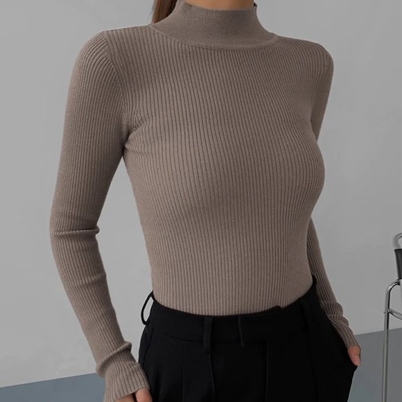 Commense Tops - COMMENSE Mock Neck Rib Long Sleeve Knit Top
